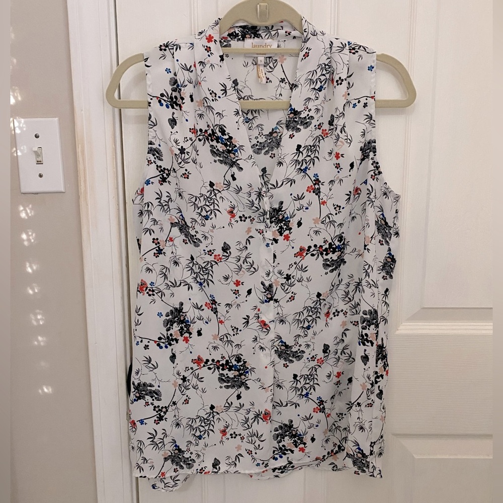 Laundry by Shelli Segal Chiffon Asian Floral Short Sleeve Blouse